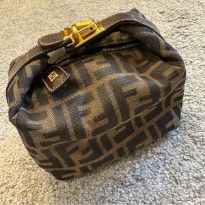 Vintage Fendi FF Monogram Cosmetic Bag Pouch Brown Zucca Canvas Leather Trim